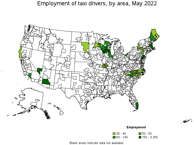 Map of employment of taxi drivers by area, May 2022