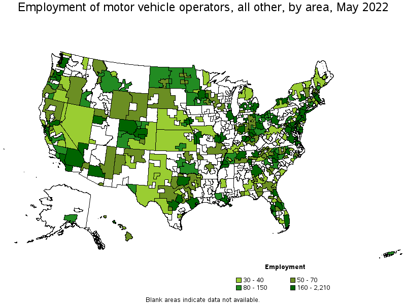 Map of employment of motor vehicle operators, all other by area, May 2022