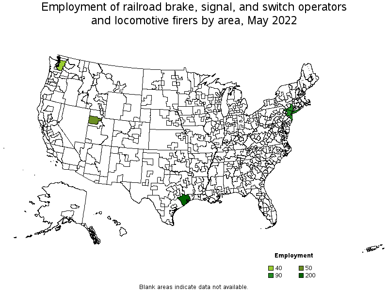 Map of employment of railroad brake, signal, and switch operators and locomotive firers by area, May 2022