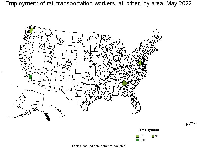 Map of employment of rail transportation workers, all other by area, May 2022