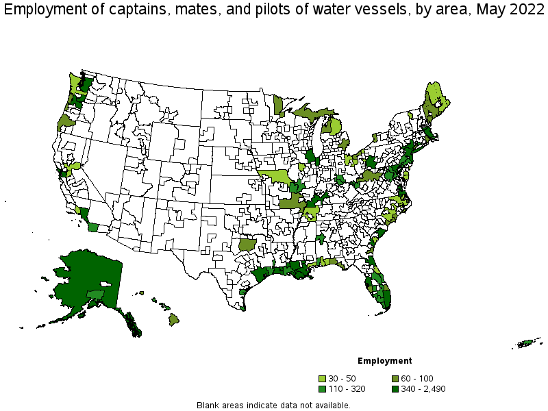 Map of employment of captains, mates, and pilots of water vessels by area, May 2022