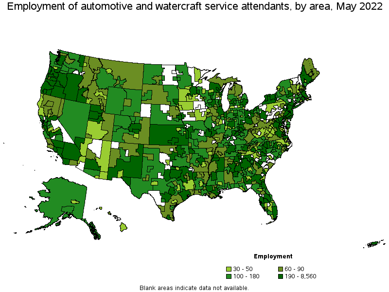Map of employment of automotive and watercraft service attendants by area, May 2022