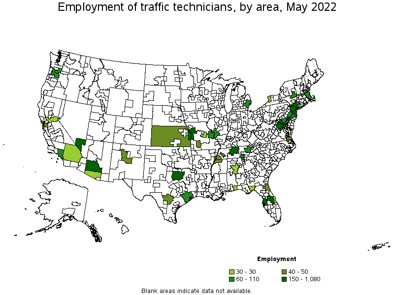Map of employment of traffic technicians by area, May 2022