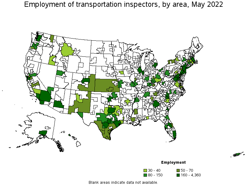Map of employment of transportation inspectors by area, May 2022