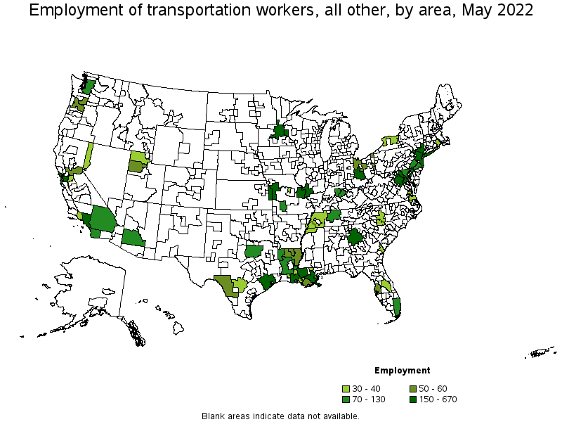 Map of employment of transportation workers, all other by area, May 2022