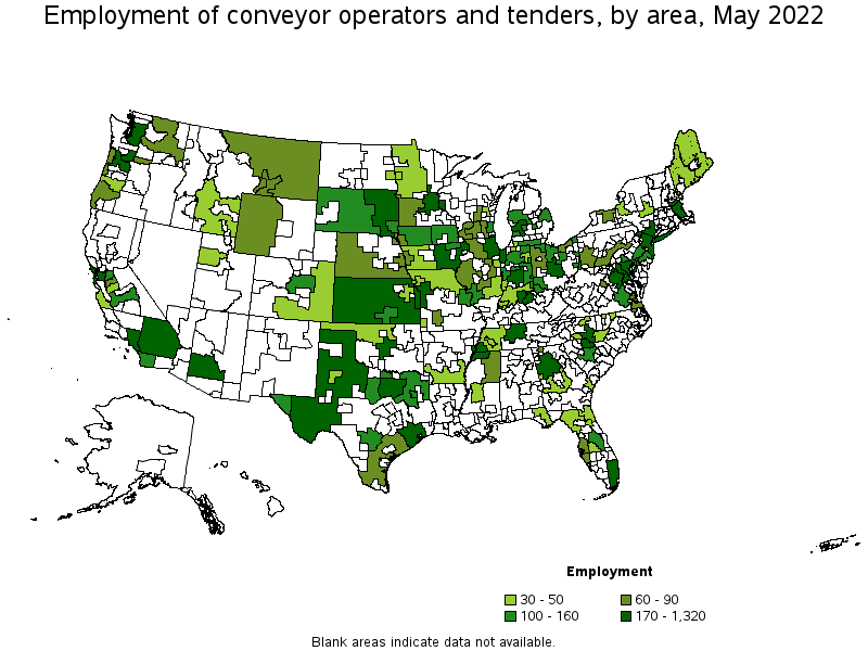 Map of employment of conveyor operators and tenders by area, May 2022