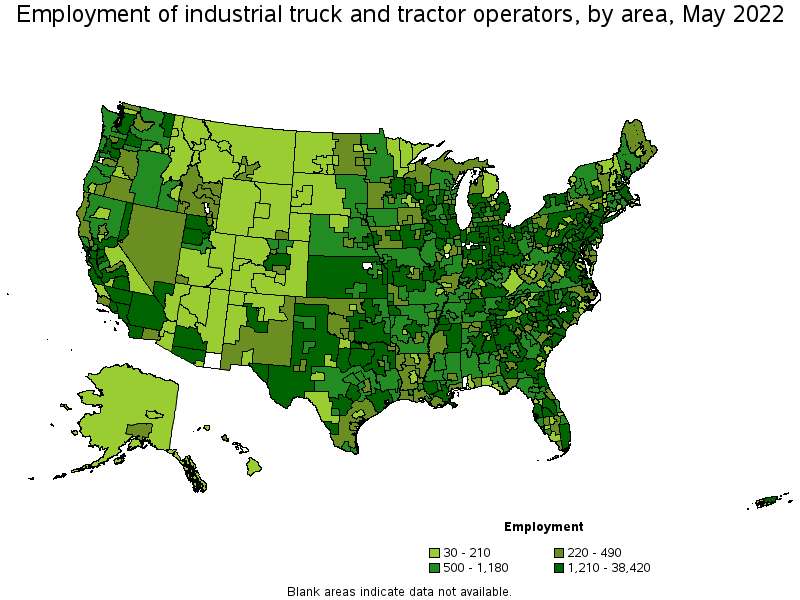 Map of employment of industrial truck and tractor operators by area, May 2022