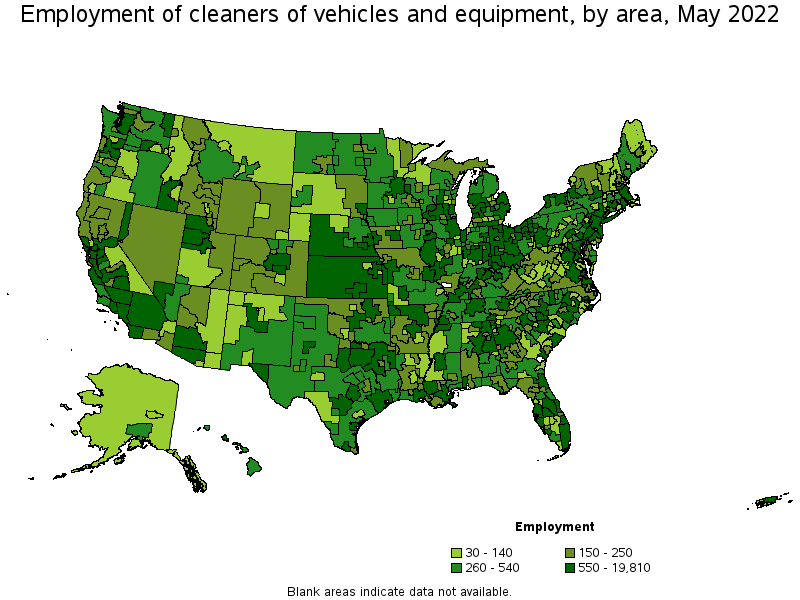 Map of employment of cleaners of vehicles and equipment by area, May 2022