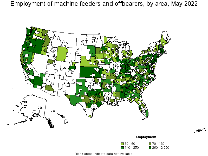 Map of employment of machine feeders and offbearers by area, May 2022