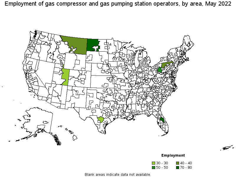 Map of employment of gas compressor and gas pumping station operators by area, May 2022