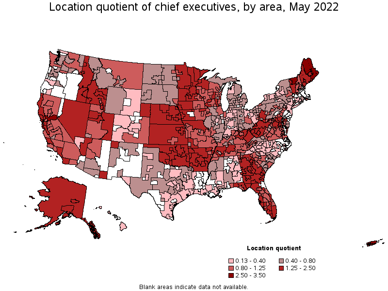 Map of location quotient of chief executives by area, May 2022