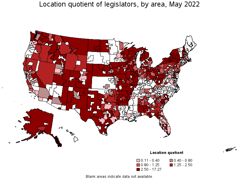 Map of location quotient of legislators by area, May 2022