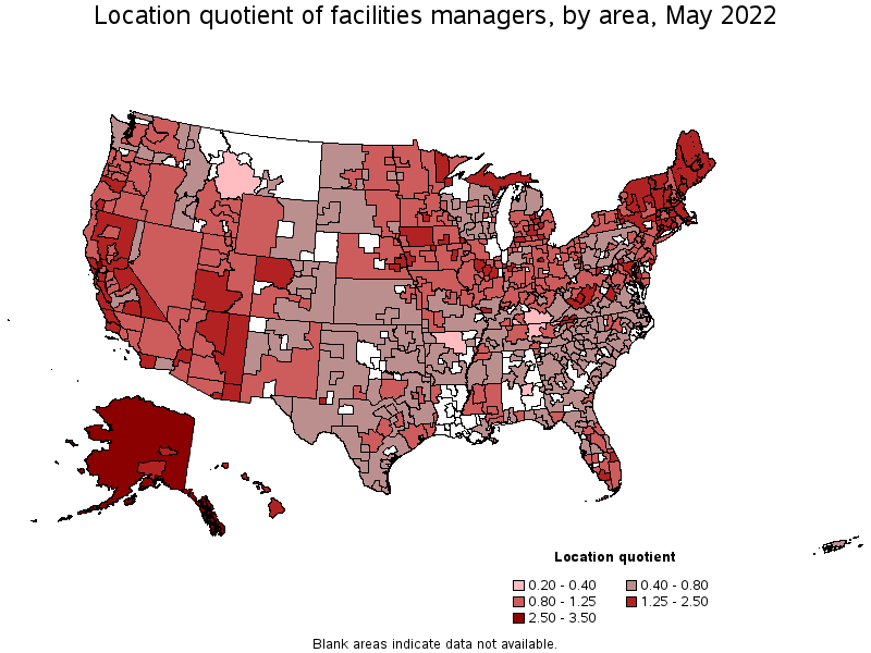 Map of location quotient of facilities managers by area, May 2022