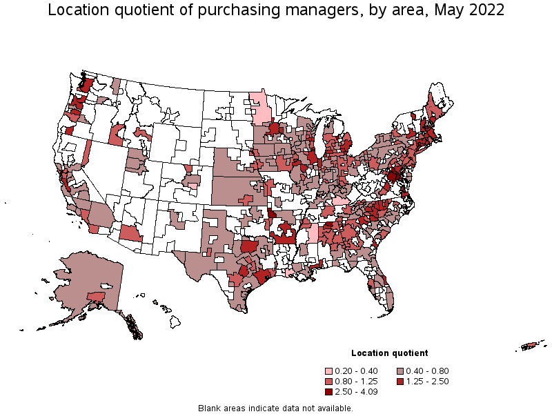 Map of location quotient of purchasing managers by area, May 2022