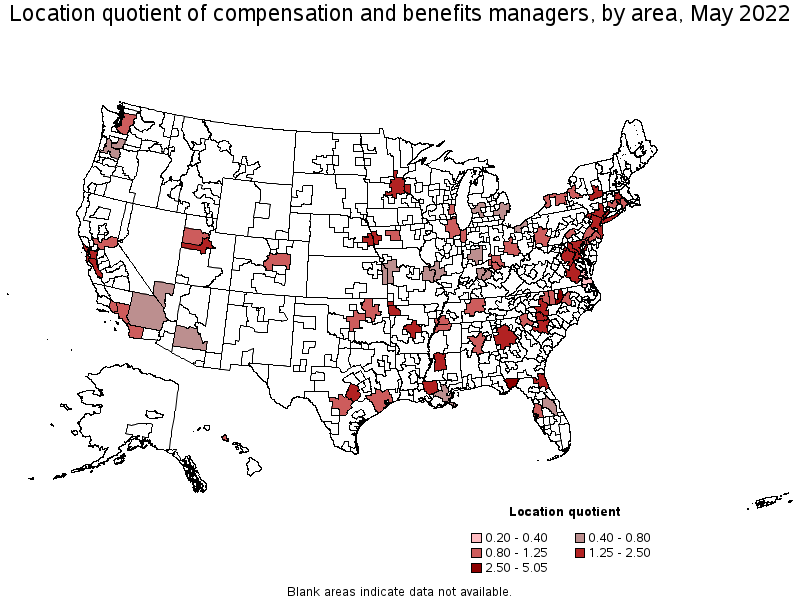 Map of location quotient of compensation and benefits managers by area, May 2022