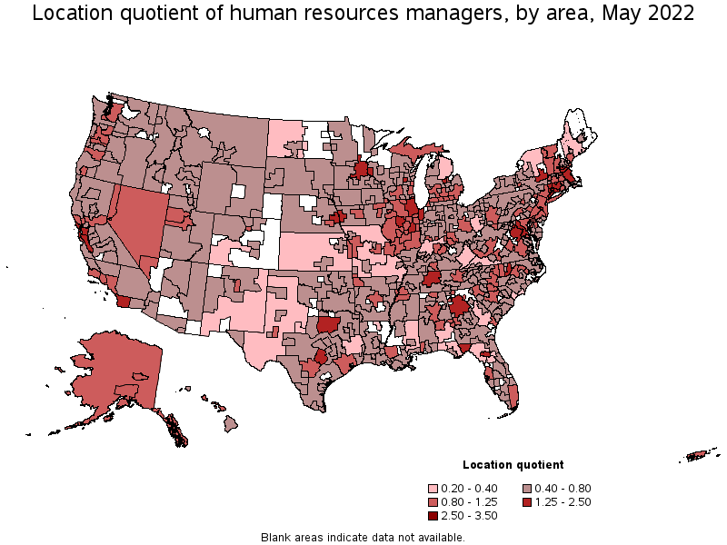 Map of location quotient of human resources managers by area, May 2022