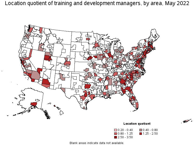Map of location quotient of training and development managers by area, May 2022