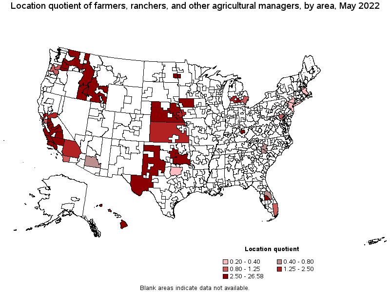 Map of location quotient of farmers, ranchers, and other agricultural managers by area, May 2022