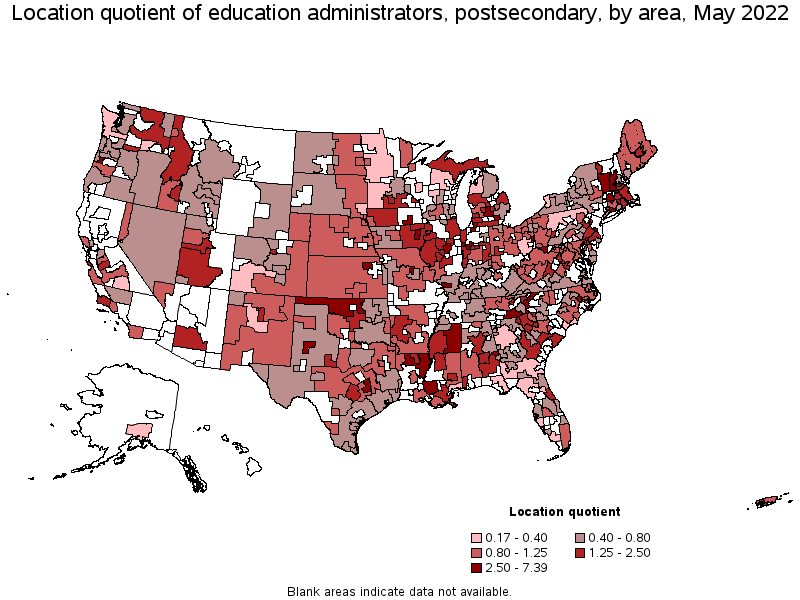Map of location quotient of education administrators, postsecondary by area, May 2022