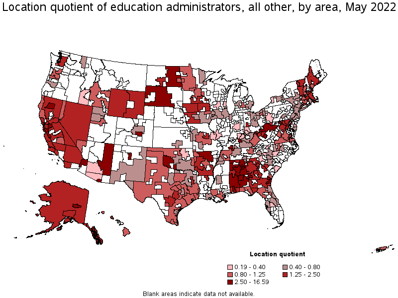 Map of location quotient of education administrators, all other by area, May 2022