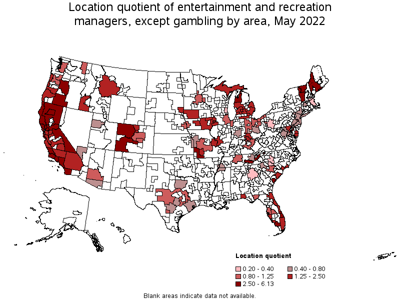 Map of location quotient of entertainment and recreation managers, except gambling by area, May 2022