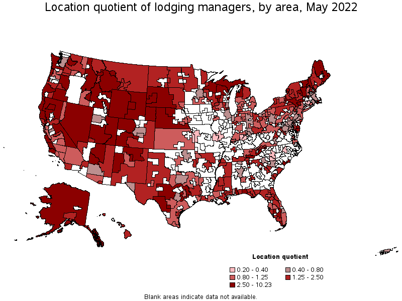 Map of location quotient of lodging managers by area, May 2022