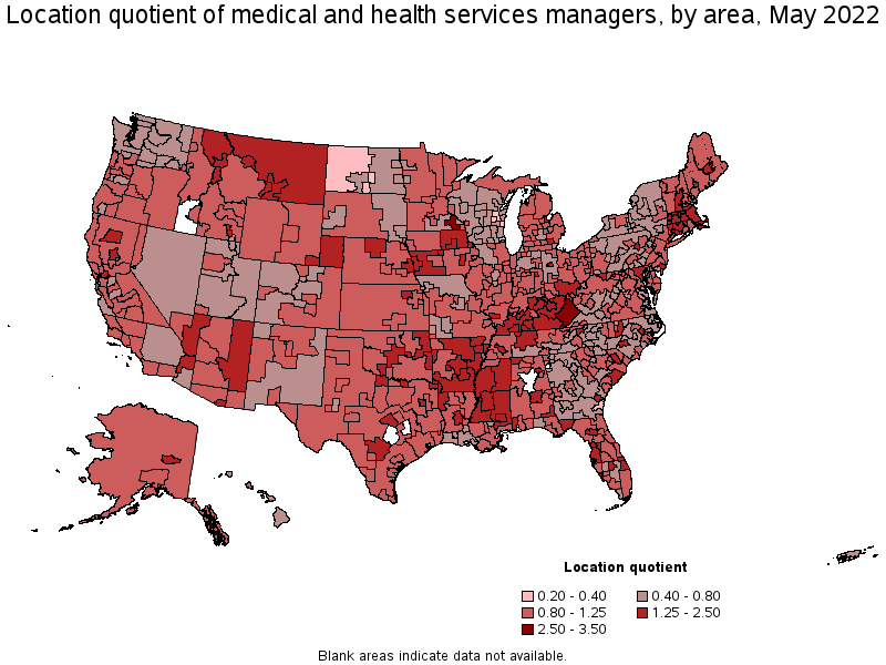 Map of location quotient of medical and health services managers by area, May 2022
