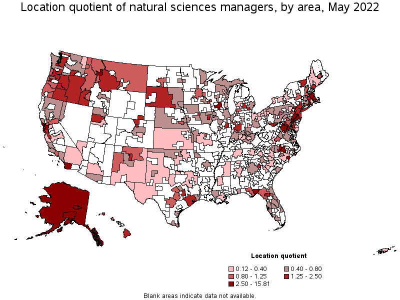 Map of location quotient of natural sciences managers by area, May 2022