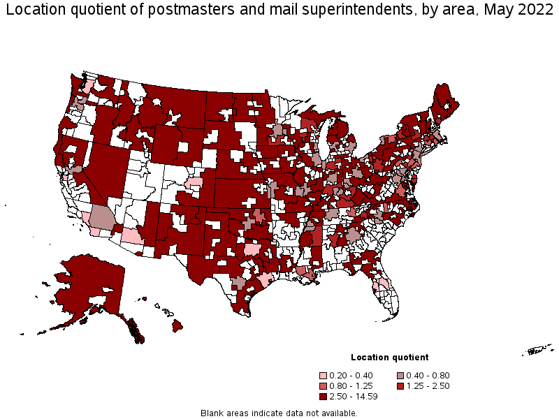 Map of location quotient of postmasters and mail superintendents by area, May 2022