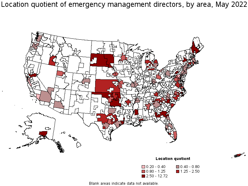 Map of location quotient of emergency management directors by area, May 2022