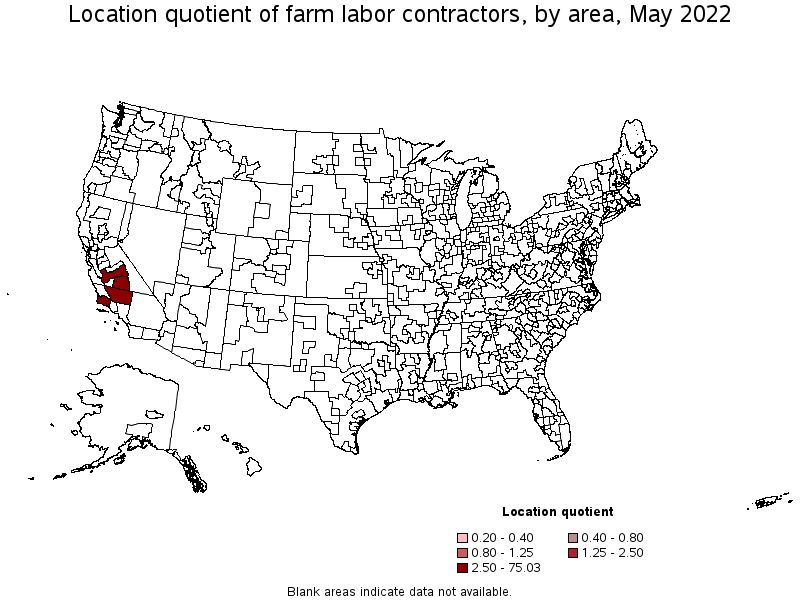 Map of location quotient of farm labor contractors by area, May 2022