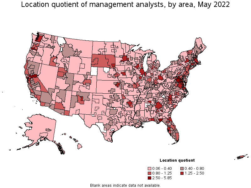 Map of location quotient of management analysts by area, May 2022