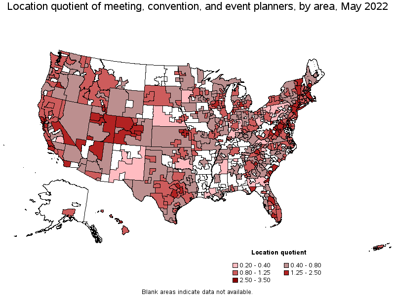 Map of location quotient of meeting, convention, and event planners by area, May 2022