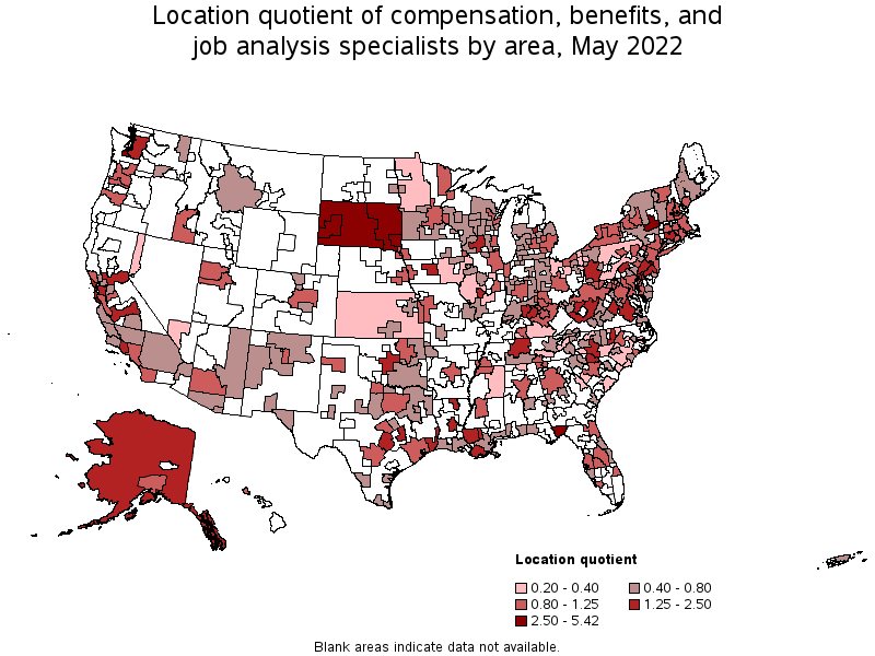 Map of location quotient of compensation, benefits, and job analysis specialists by area, May 2022
