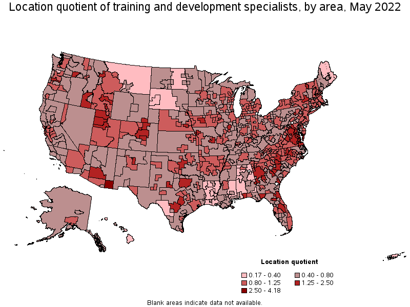 Map of location quotient of training and development specialists by area, May 2022