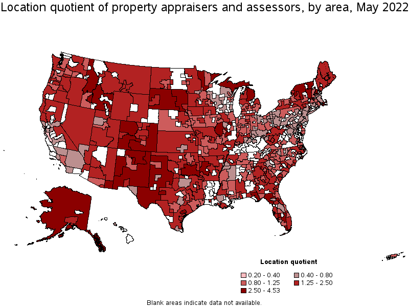 Map of location quotient of property appraisers and assessors by area, May 2022