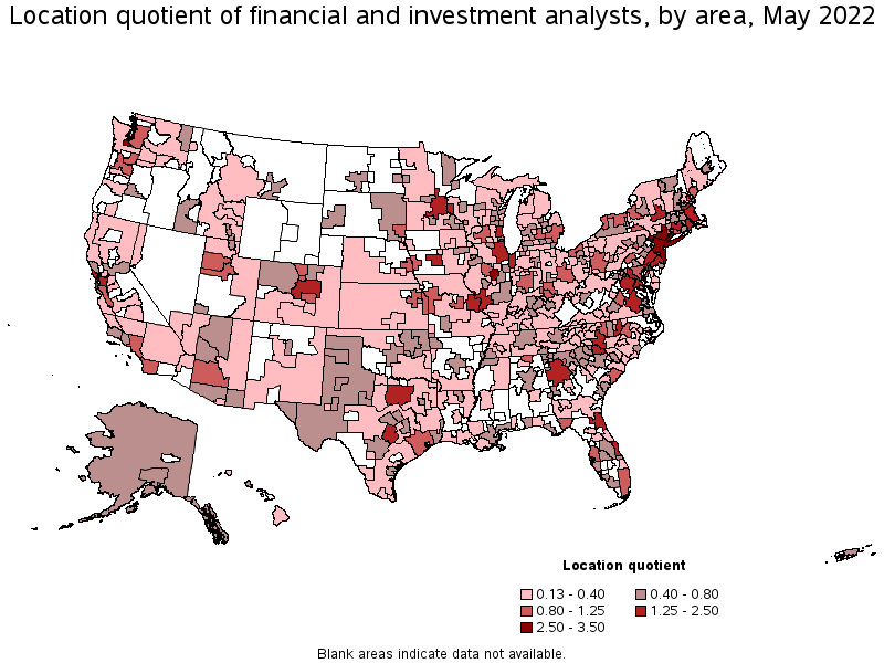 Map of location quotient of financial and investment analysts by area, May 2022