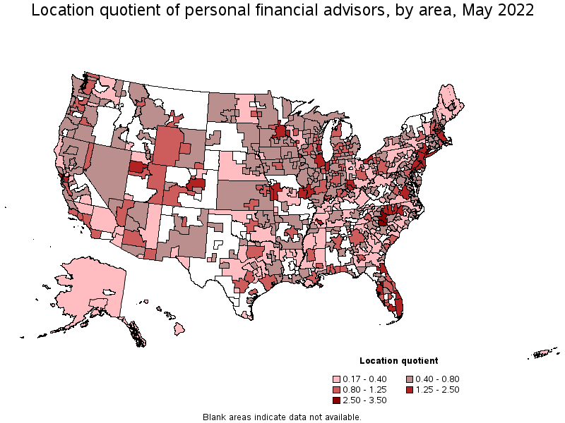 Map of location quotient of personal financial advisors by area, May 2022