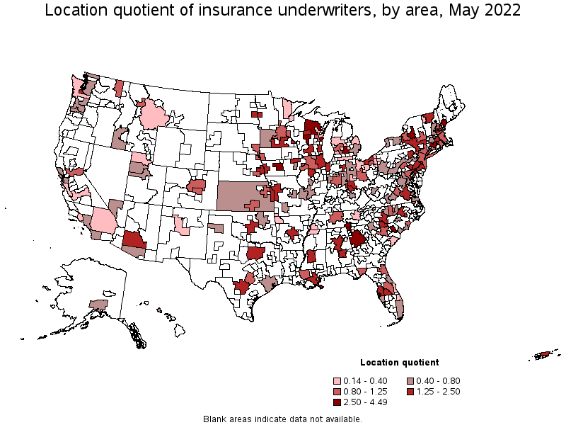 Map of location quotient of insurance underwriters by area, May 2022