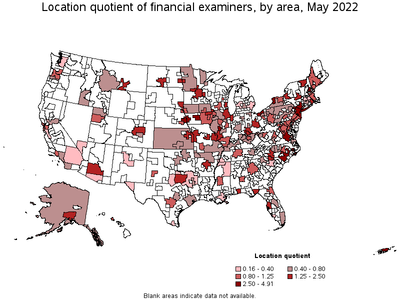 Map of location quotient of financial examiners by area, May 2022