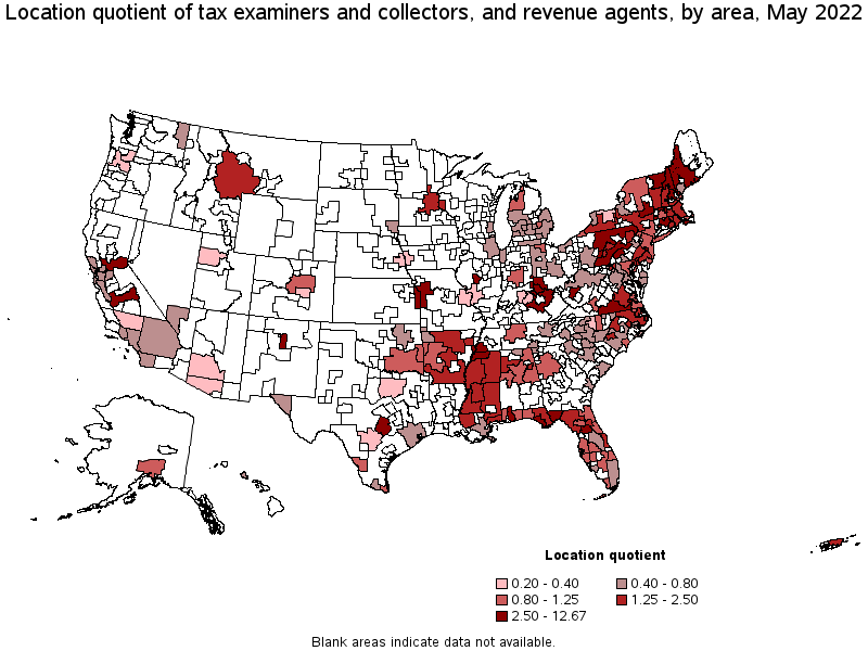 Map of location quotient of tax examiners and collectors, and revenue agents by area, May 2022
