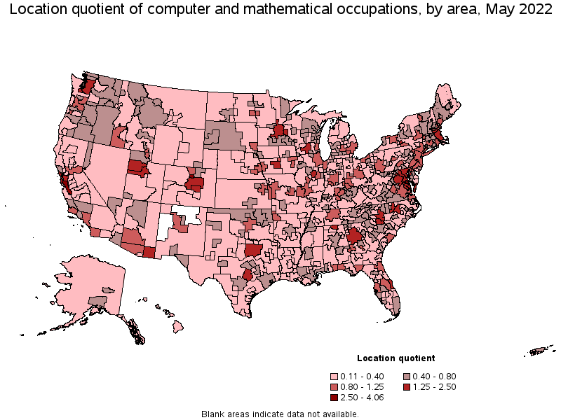 Map of location quotient of computer and mathematical occupations by area, May 2022