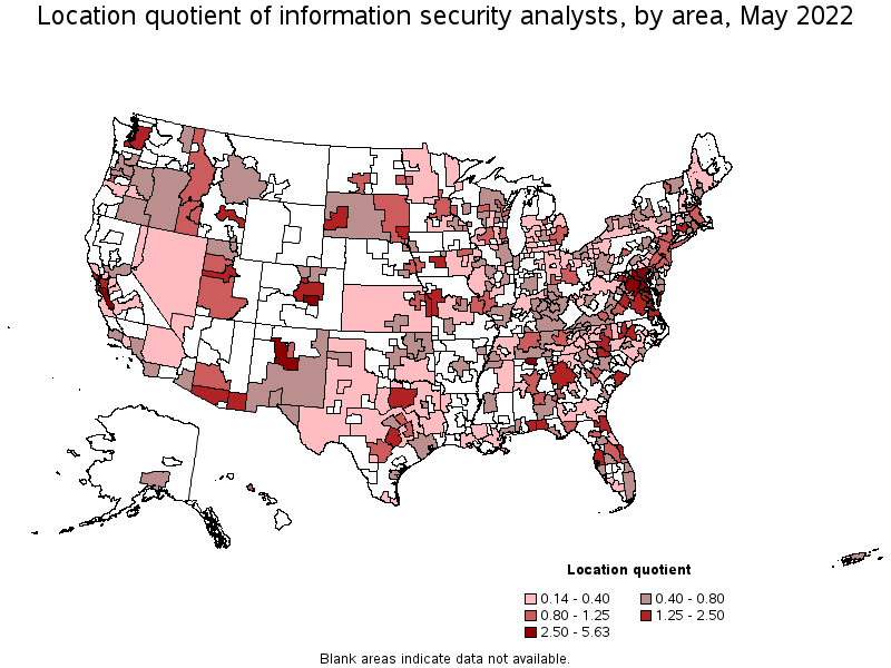 Map of location quotient of information security analysts by area, May 2022
