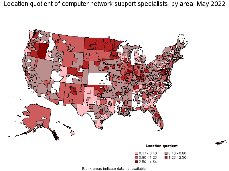 Map of location quotient of computer network support specialists by area, May 2022