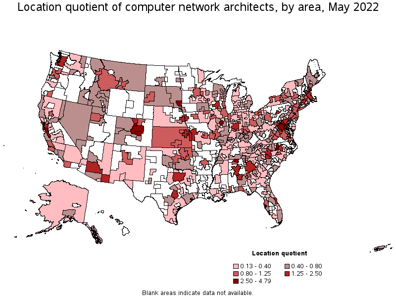 Map of location quotient of computer network architects by area, May 2022
