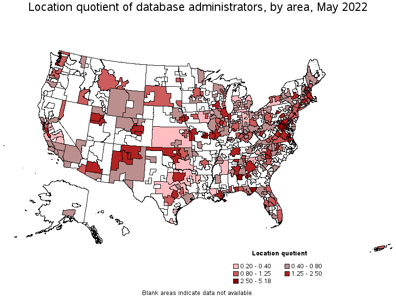 Map of location quotient of database administrators by area, May 2022