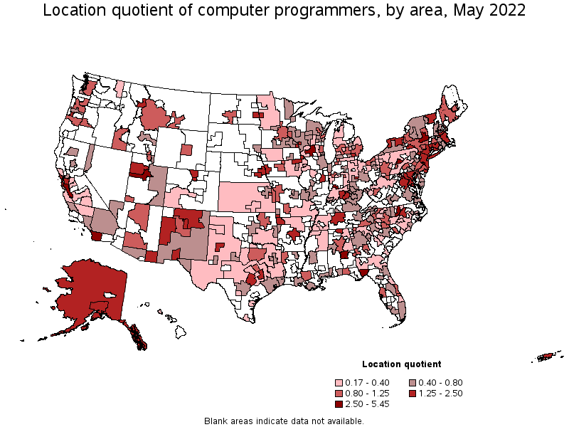 Map of location quotient of computer programmers by area, May 2022
