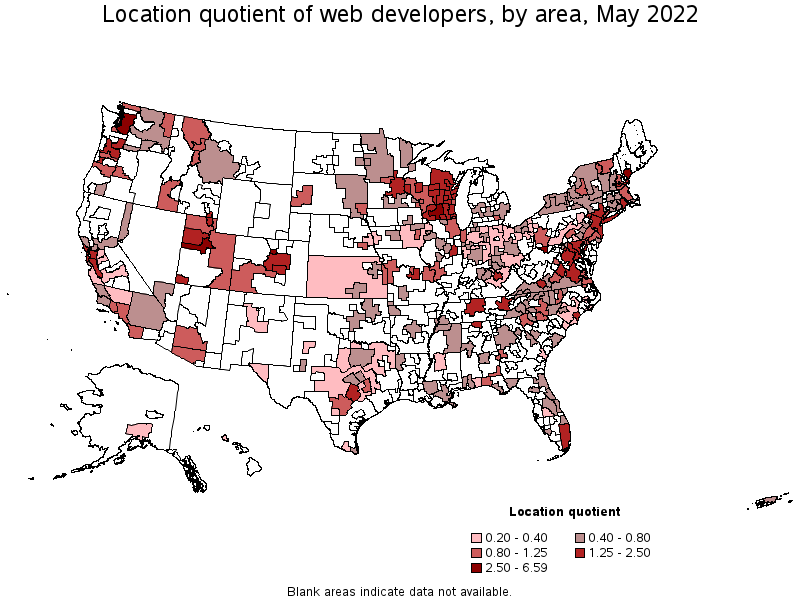 Map of location quotient of web developers by area, May 2022