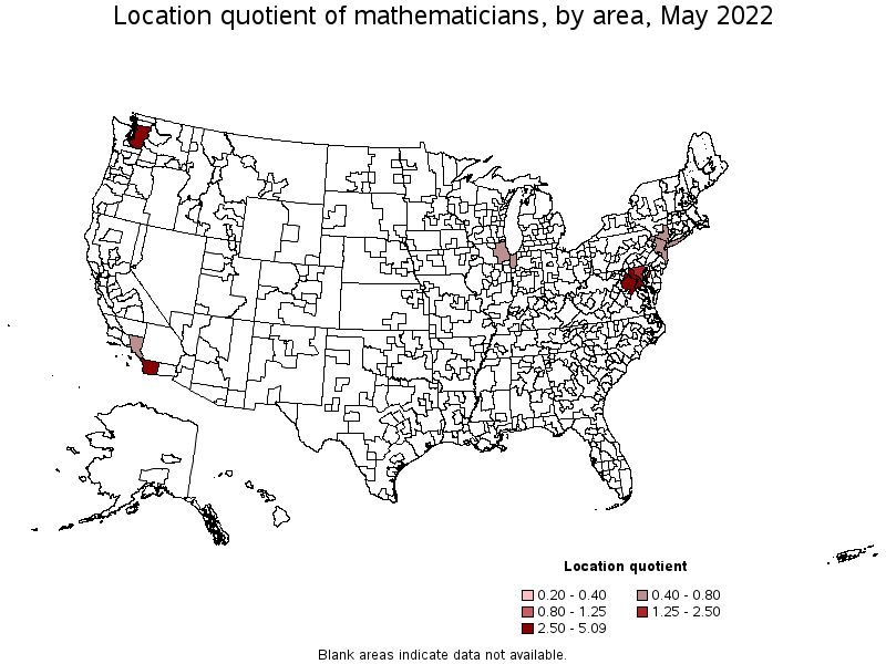 Map of location quotient of mathematicians by area, May 2022