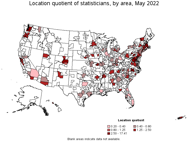 Map of location quotient of statisticians by area, May 2022